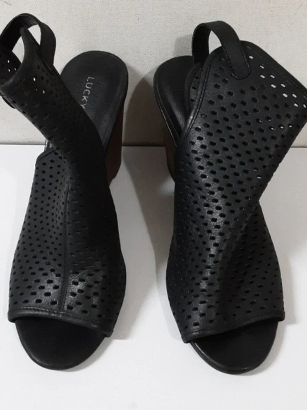 Lucky brand women leather sandals rozina cutout wedge perforated 9M vacation Y2K